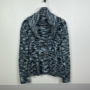 Prana Women's Size Medium Bllue Gray White Button Up Chunky Cozy Knit Sweater